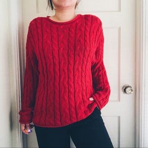 Vintage Red Cable Knit Chunky Crewneck Sweater